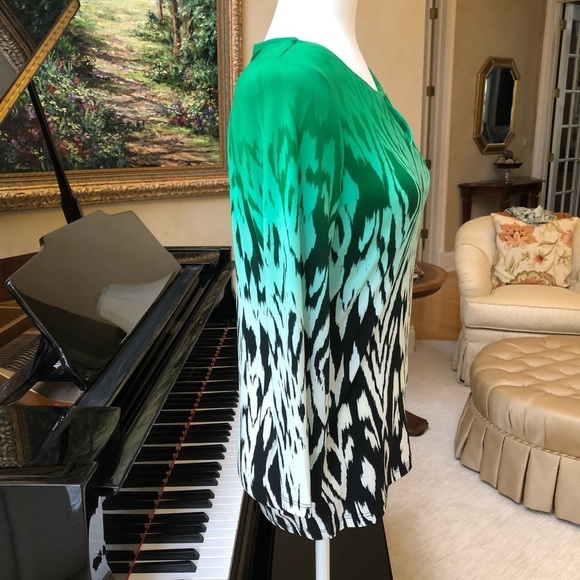 CALVIN KLEIN Green Black Bateau Neck Silky 3/4 sleeve top Women’s size small - Picture 3 of 13